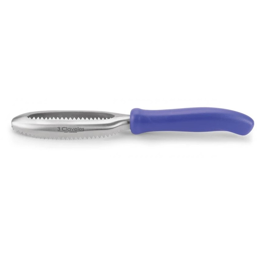Quita escamas de pescado profesional de acero inox y mango azul 3...