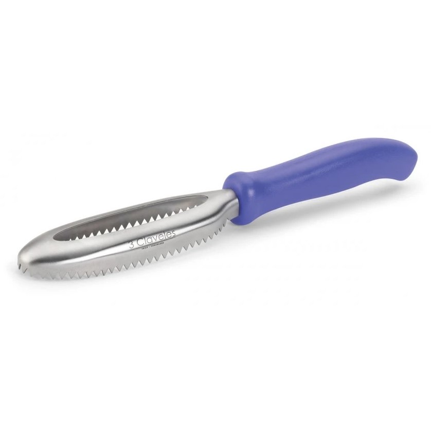 Quita escamas de pescado profesional de acero inox y mango azul 3 Claveles