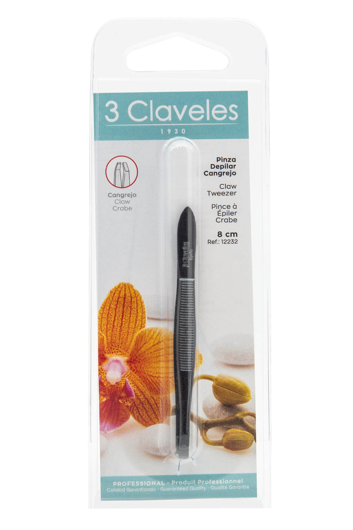 Pinça 3Claveles em aço carbono preto, formato caranguejo, embalagem blister.