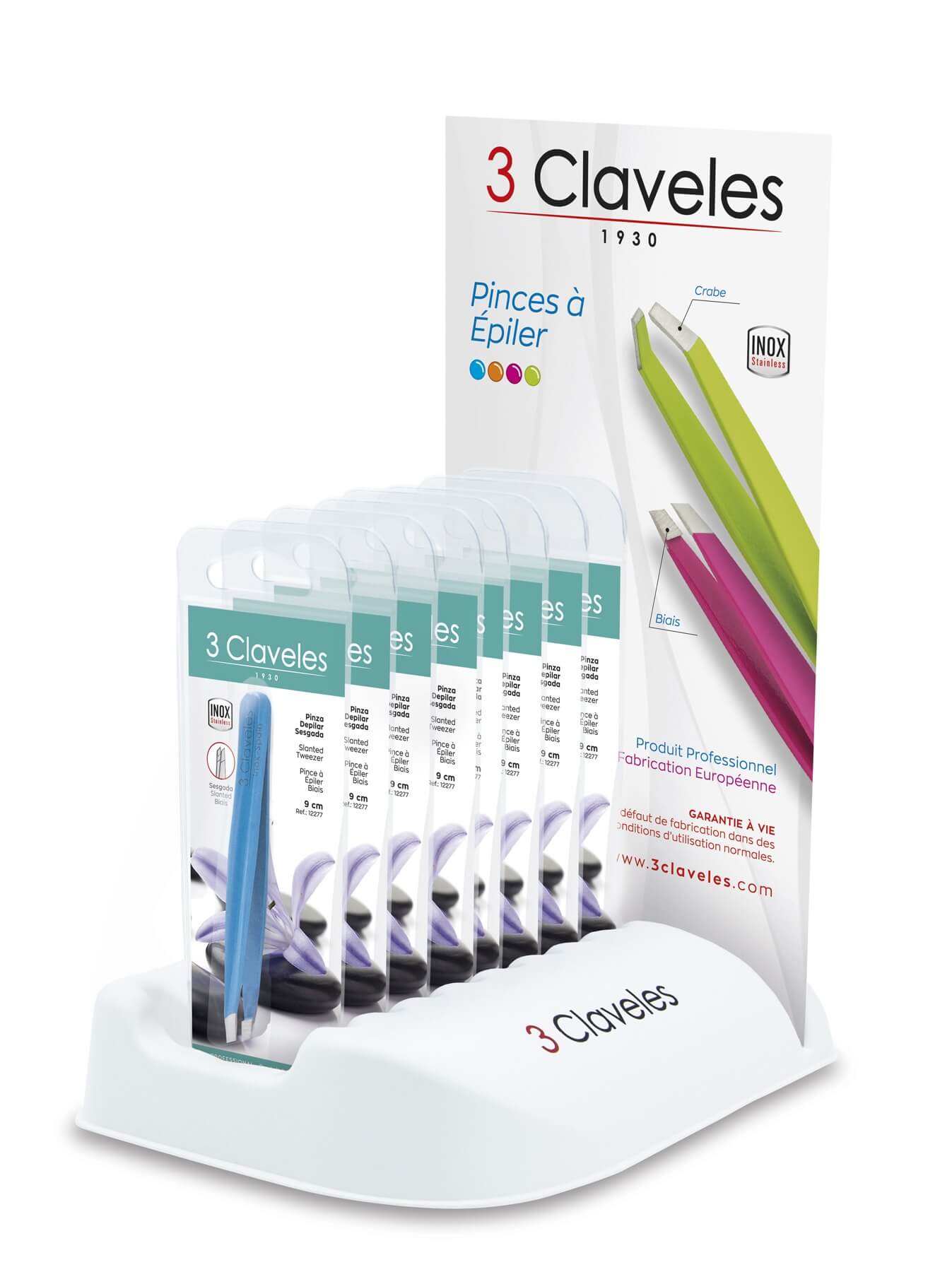 Display of 24 tweezers in various colors and models: straight, slanted, and crab. 3 Claveles brand.