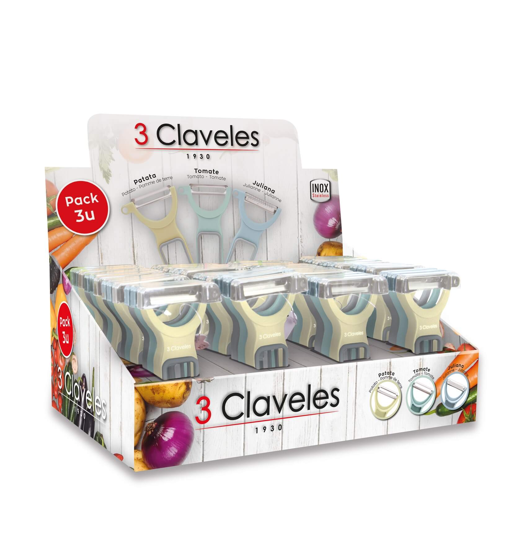 Expositor 16 uds pack 3 peladores para patata, juliana y tomate d...