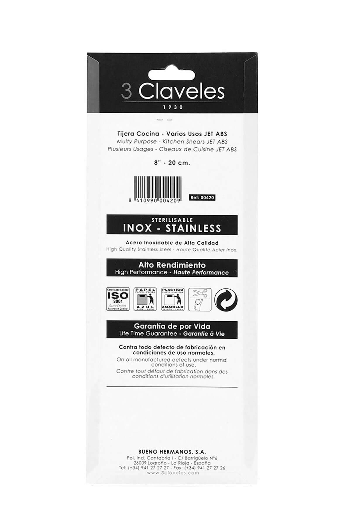 Tijeras de cocina Jet con mango de ABS blanco y hoja de 20 cm 3Claveles