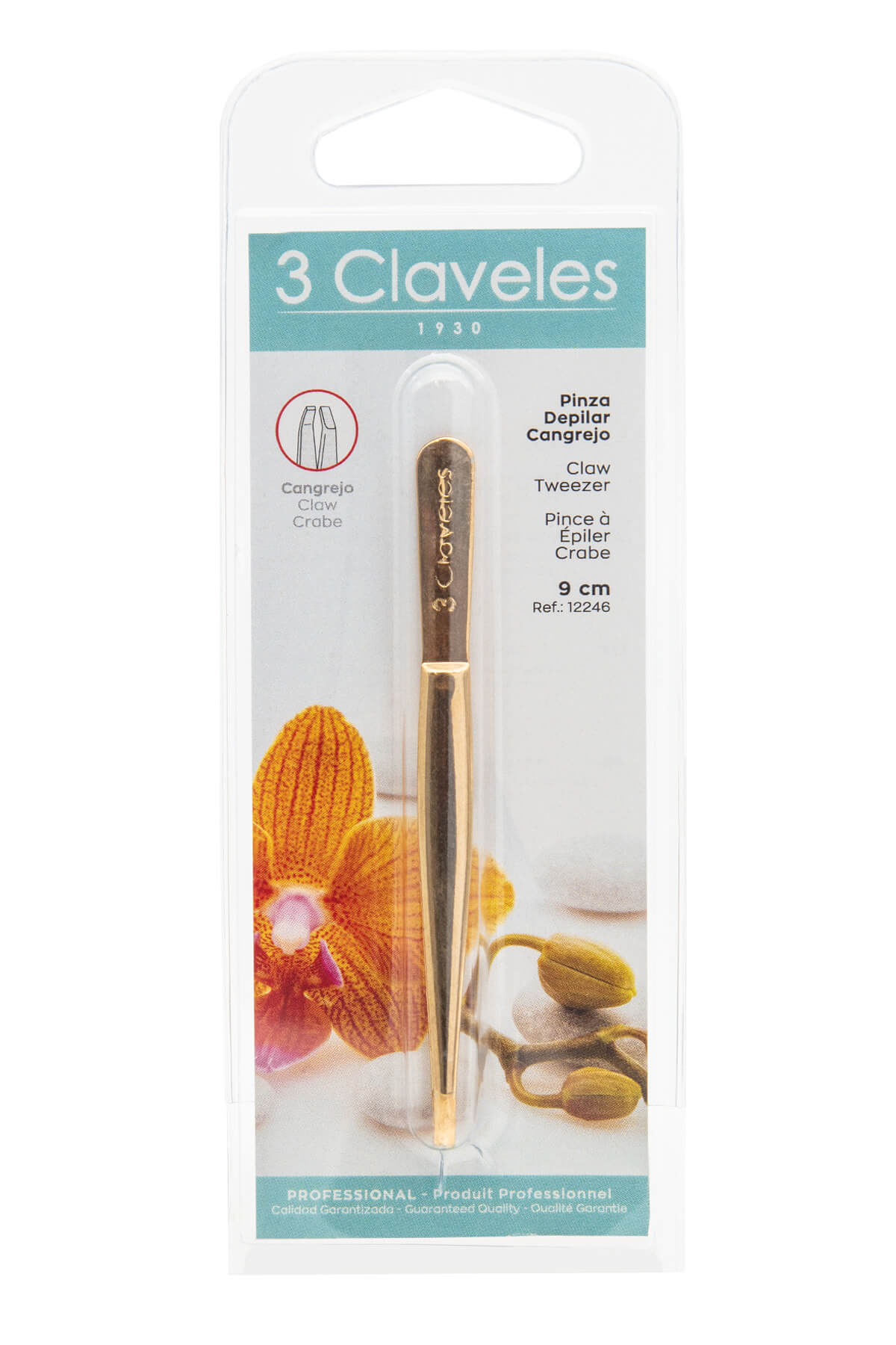 Gold crab-tip tweezers, 9 cm, 3 Claveles