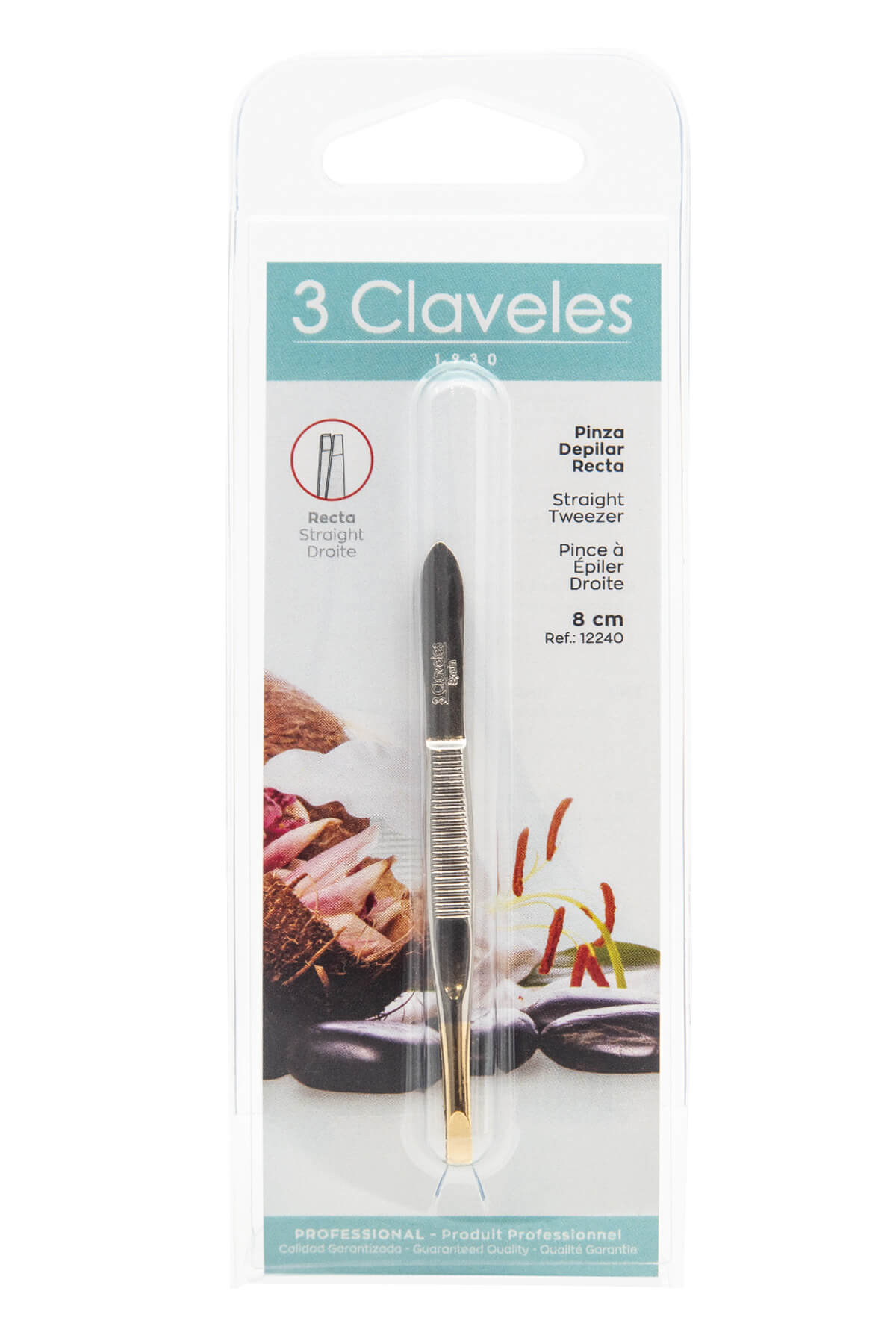 3 Claveles Straight Gold Tip Tweezers 8cm