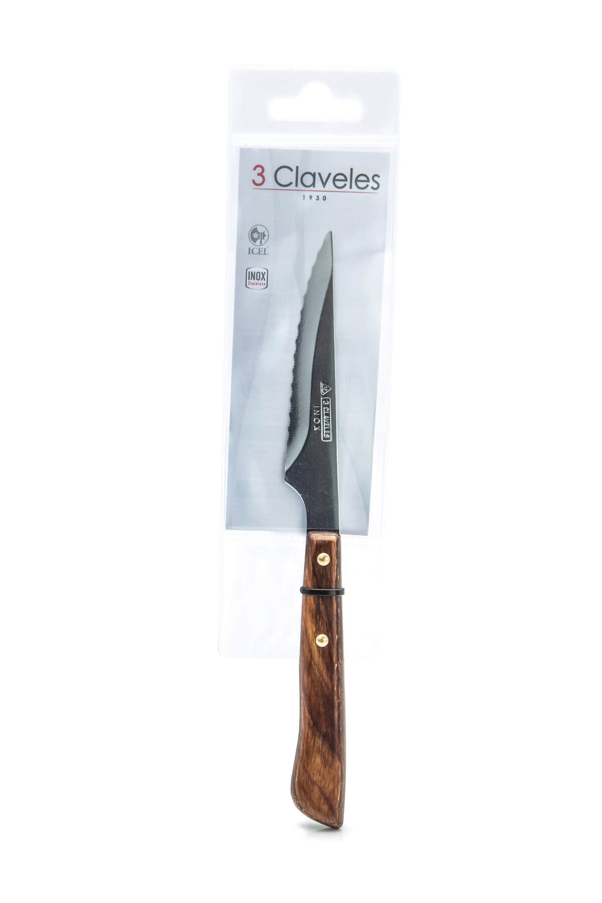 Coltello da bistecca seghettato, 10,5 cm, manico in legno, blister da 3 Claveles