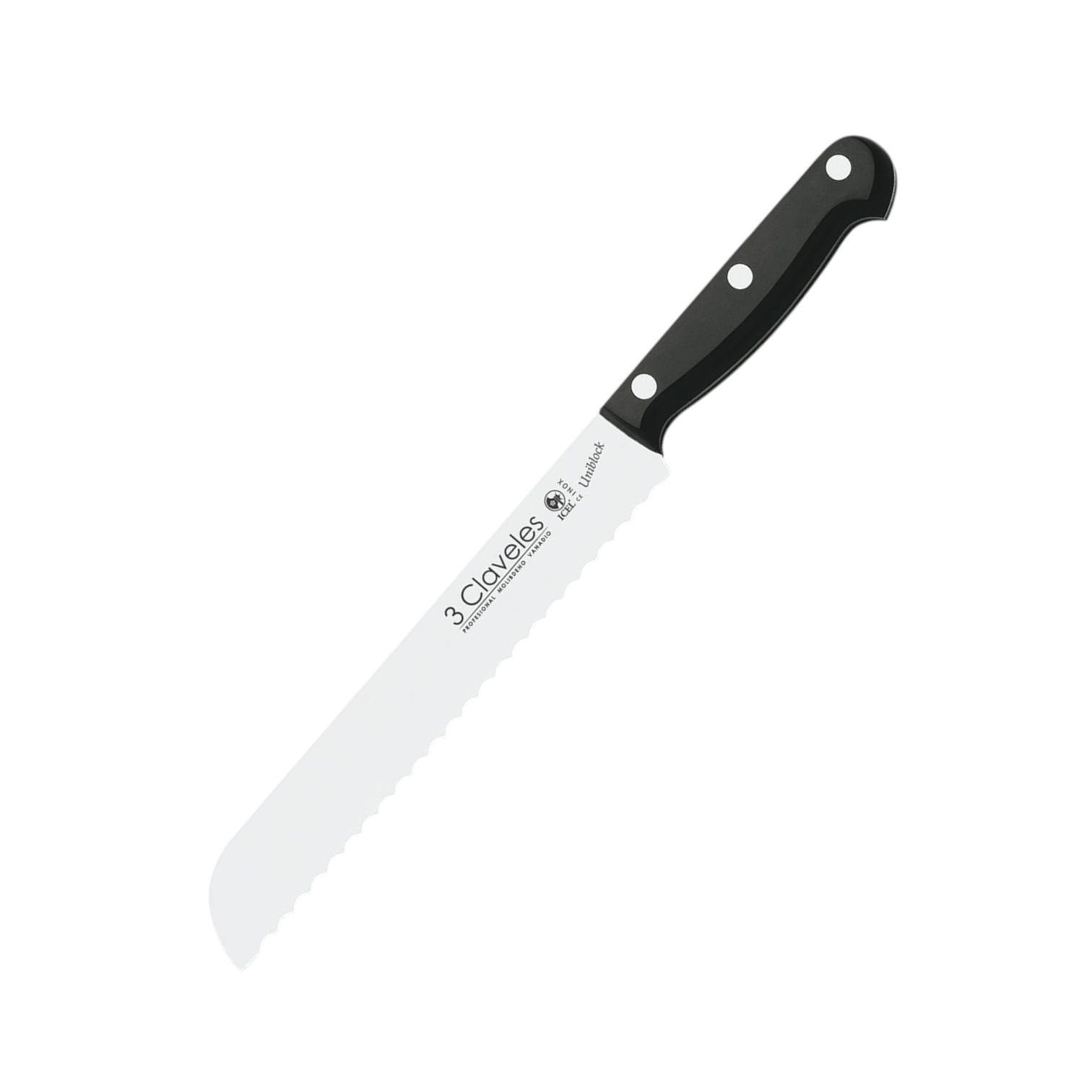 Cuchillo panero enterizo con hoja dentada de 20 cm y mango de pom negro 3 Claveles