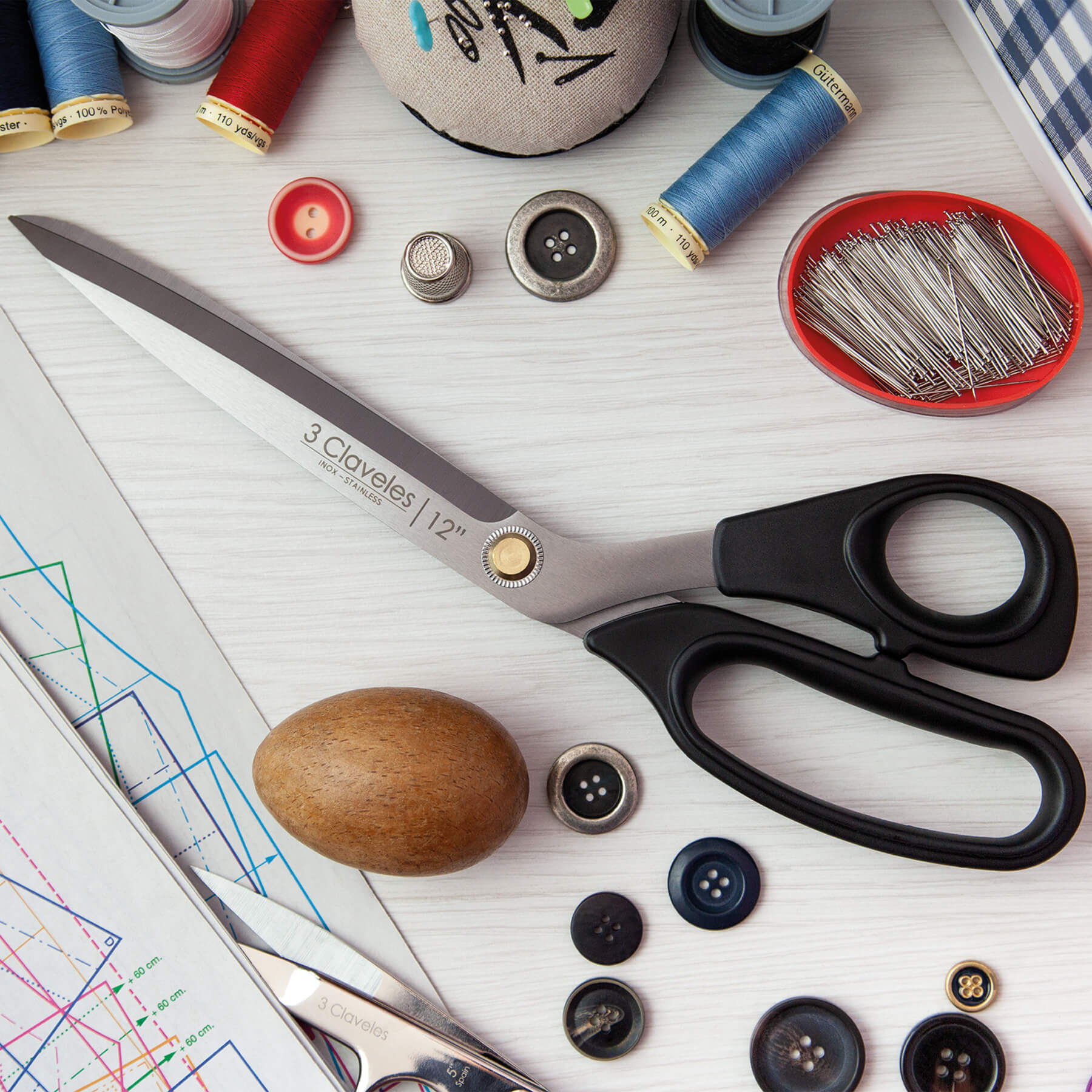 Ciseaux de couture multi-usages, 30 cm, avec manche en thermoplastique TPR noir 3 Claveles