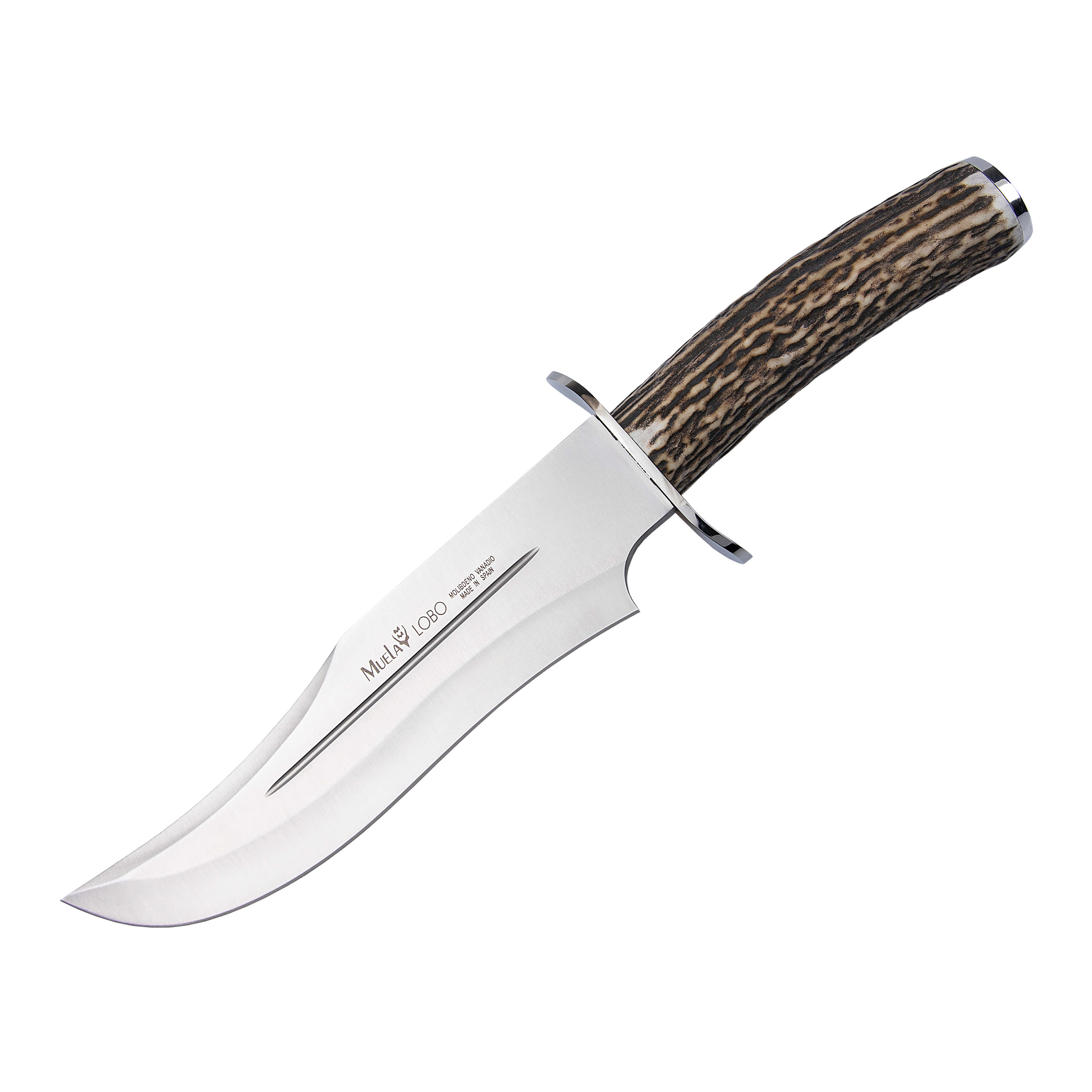 Muela Lobo23A un cuchillo de caza con mango de asta de ciervo y h...