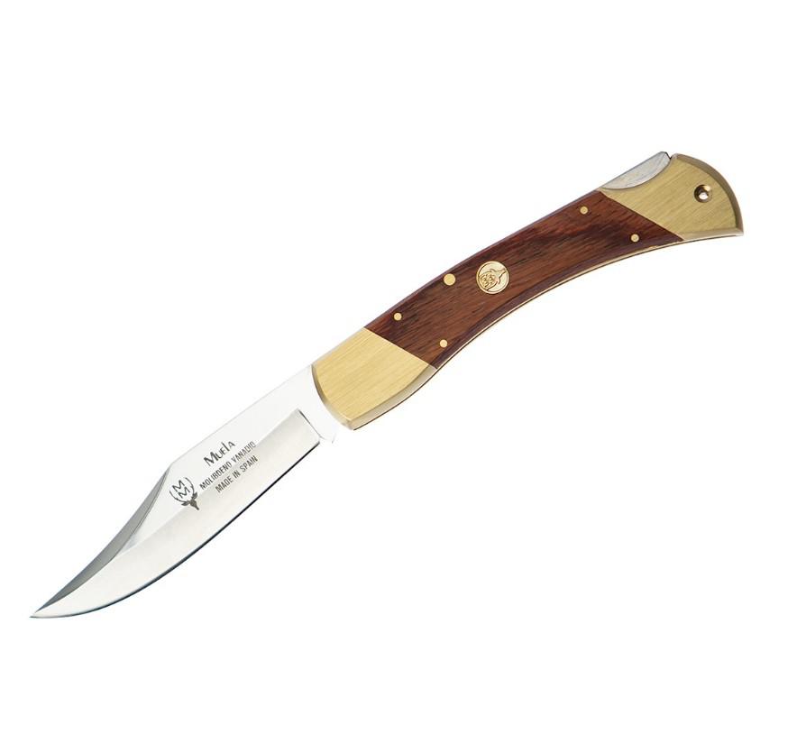 Cuchillo de caza Muela Bowie con puño de madera prensada coral y pomo de latón con navaja