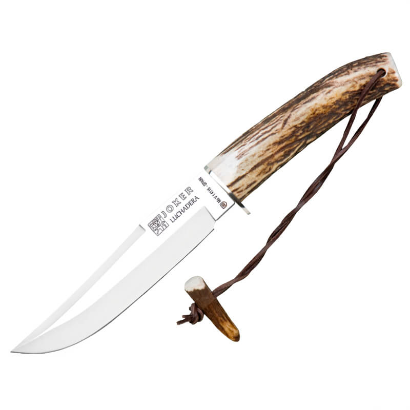 Cuchillo de caza Joker Luchadera con mango de asta de ciervo y hoja clip point de 16 cm