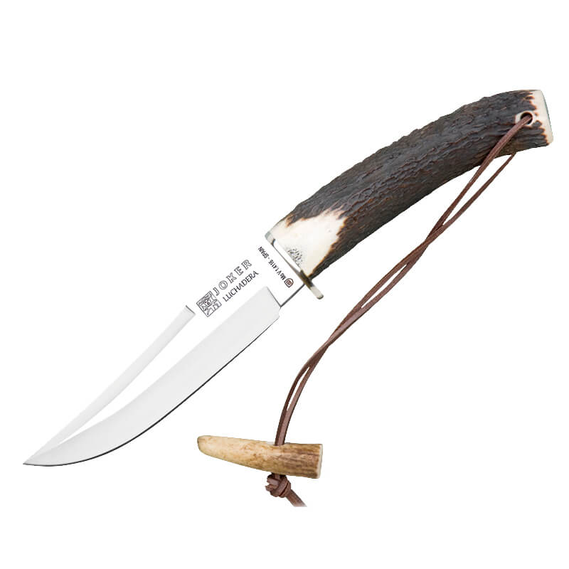 Cuchillo de caza Joker Luchadera con mango de asta de ciervo y hoja clip point de 14 cm