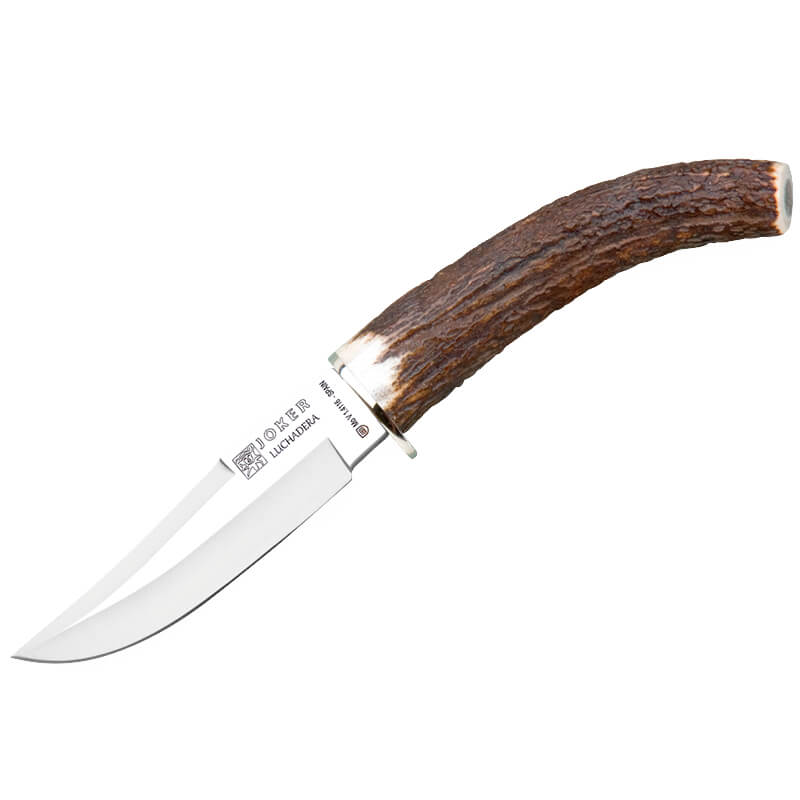 Cuchillo de caza Joker Luchadera con mango de asta de ciervo y hoja clip point de 11 cm