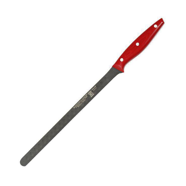 Cuchillo jamonero alveolado con mango de micarta roja y hoja con ...