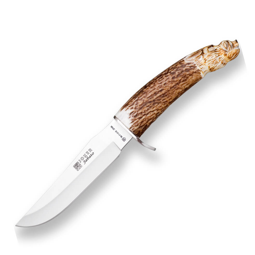 Cuchillo de caza Jabato con mango de asta de ciervo tallado a man...