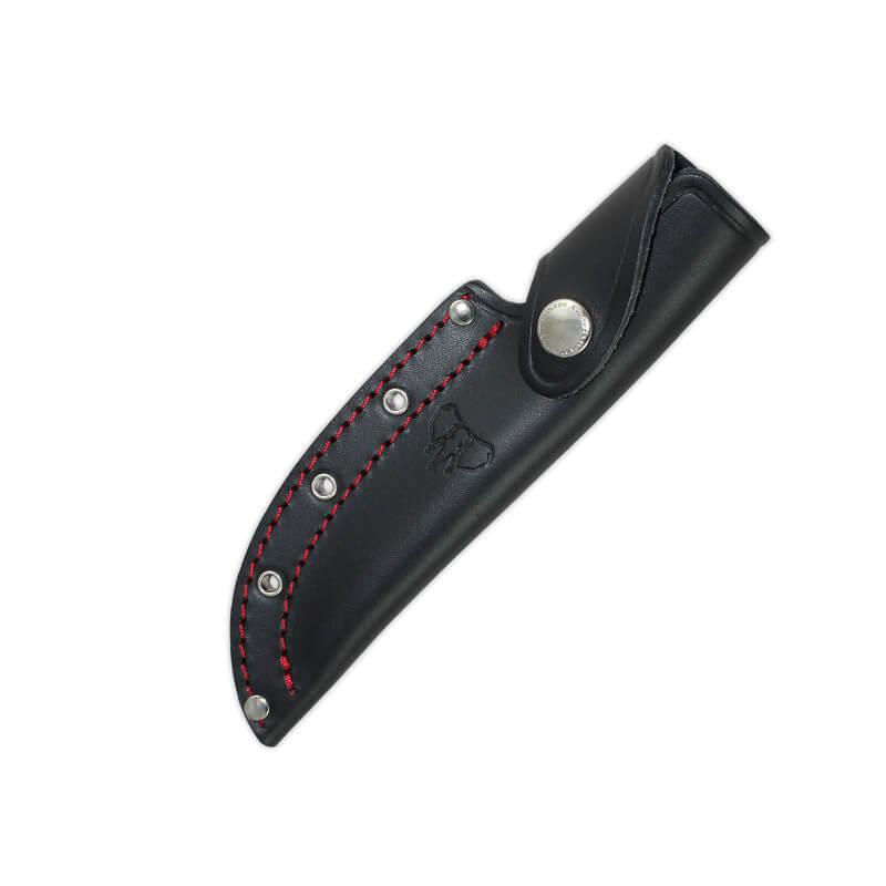 Cuchillo Bushcraft hoja de acero Böhler N695, Cachas de micarta negra. Funda de cuero
