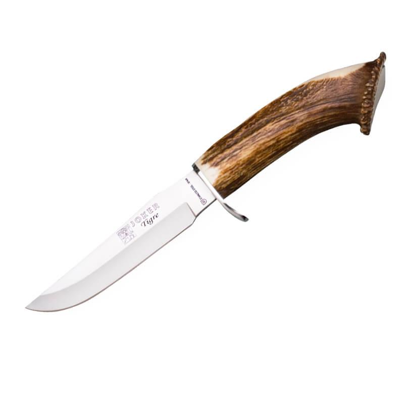 Cuchillo de caza Joker Tigre con mango de asta de ciervo con roseta y hoja de 14 cm