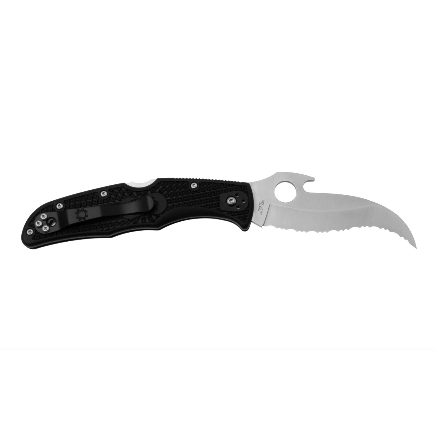 Navaja Matriarch 2 de Spyderco con mango de FRN negro y hoja dentada de VG10 con apertura Emerson