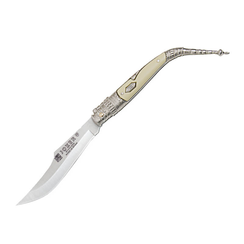 Navaja clásica bandolero con mango de zamak blanco y plateado de...