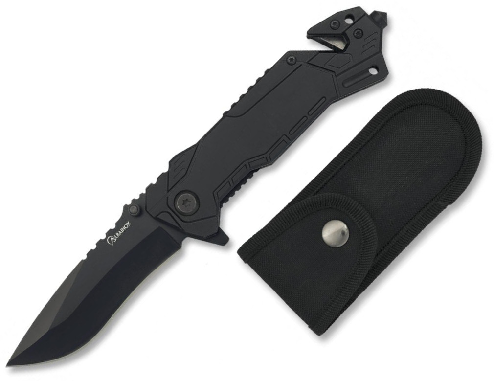 Navaja Albainox negra con cutter para cinturón de seguridad, punta rompevidrio y hoja de 8,1 cm