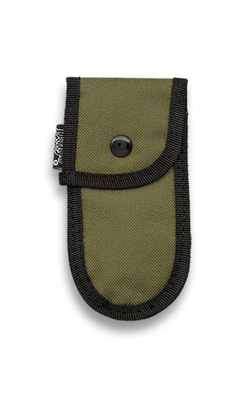 Funda para navaja, hecha de nylon verde, acolchada, con dimensiones de 13 x 6 cm