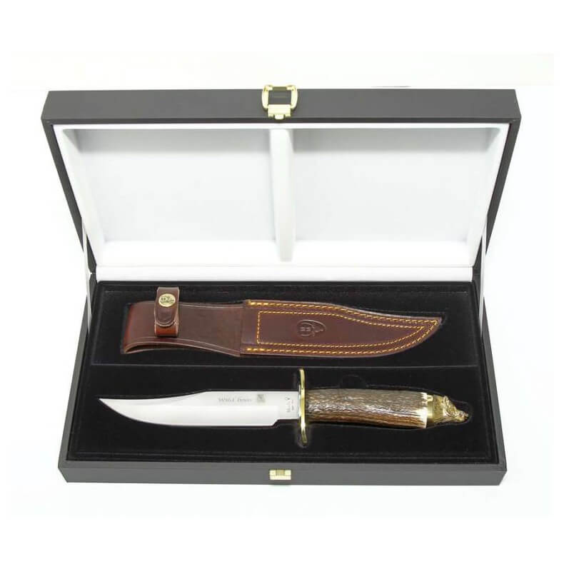 Cuchillo de caza Muela Wilboard-16A con mango de asta de ciervo con cabeza de jabalí decorativa