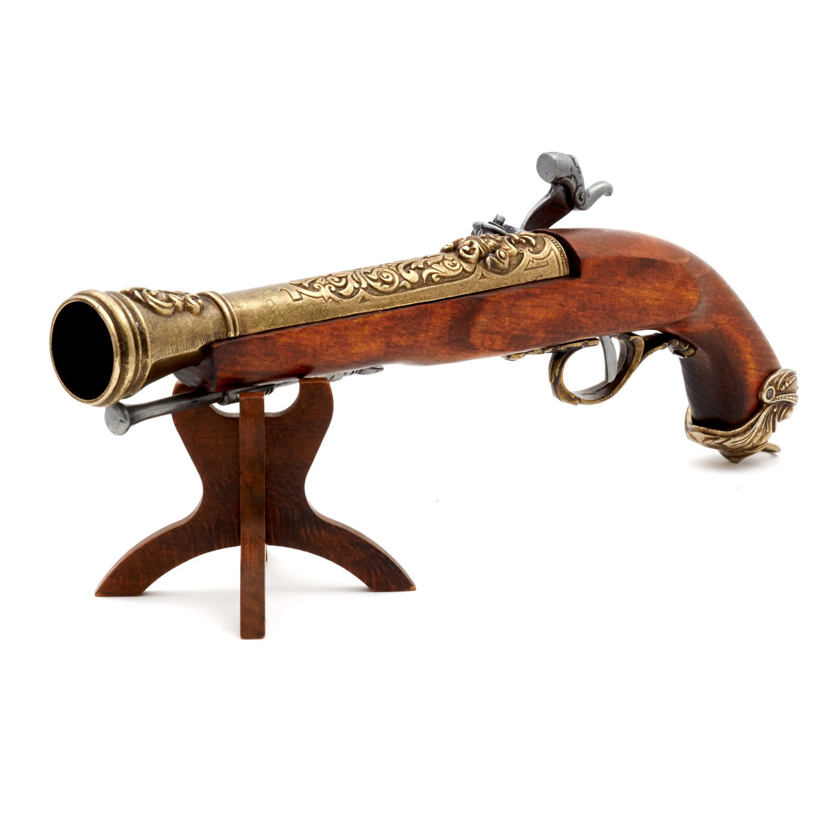 Pistola de percusión pirata de madera y metal acabado latón Italia S. XVIII