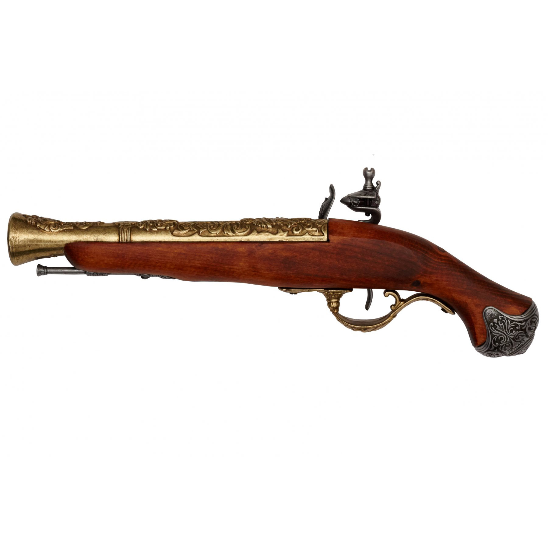Pistola de chispa de madera y metal con acabado latón, Inglaterra siglo XVIII