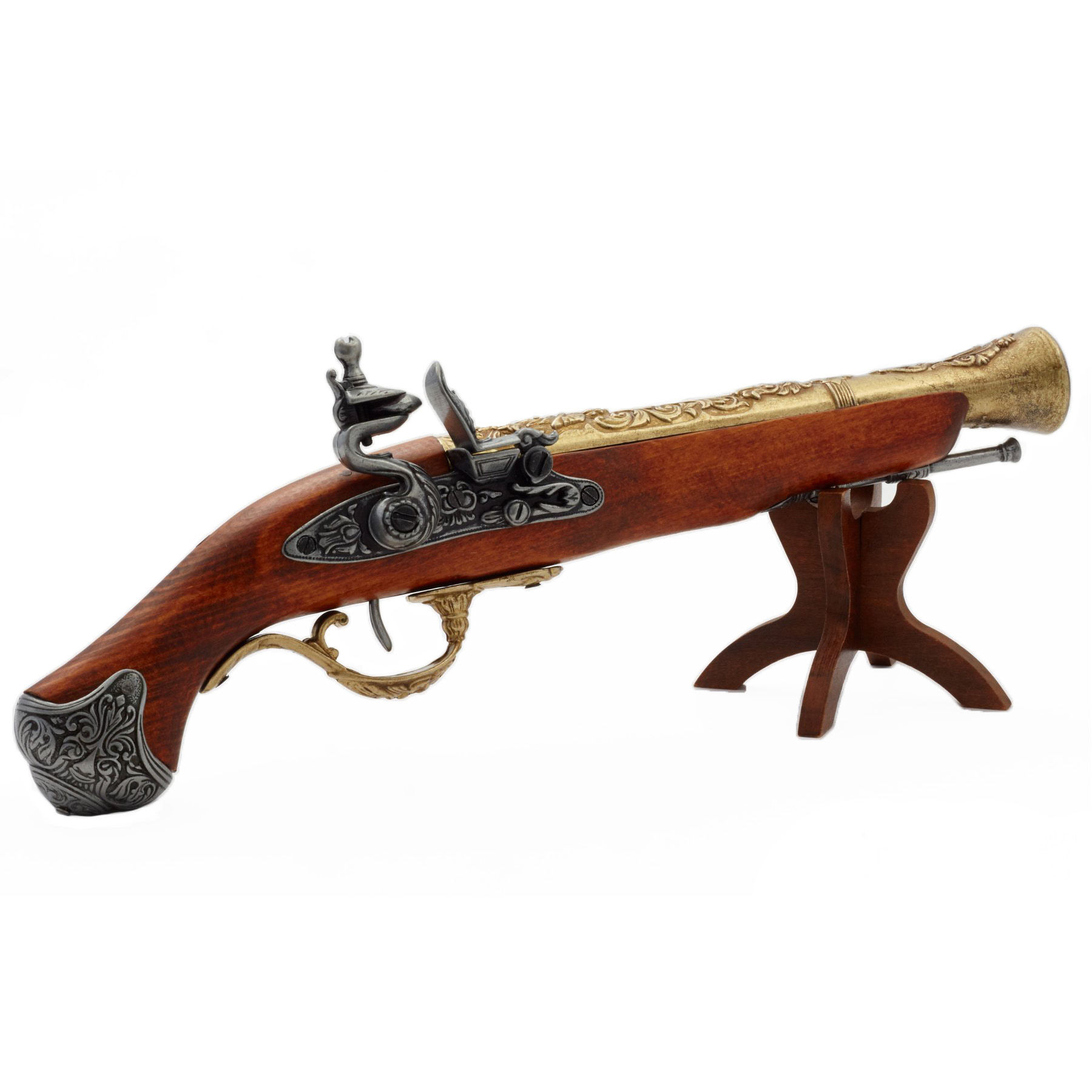 Pistola de chispa de madera y metal con acabado latón, Inglaterra siglo XVIII