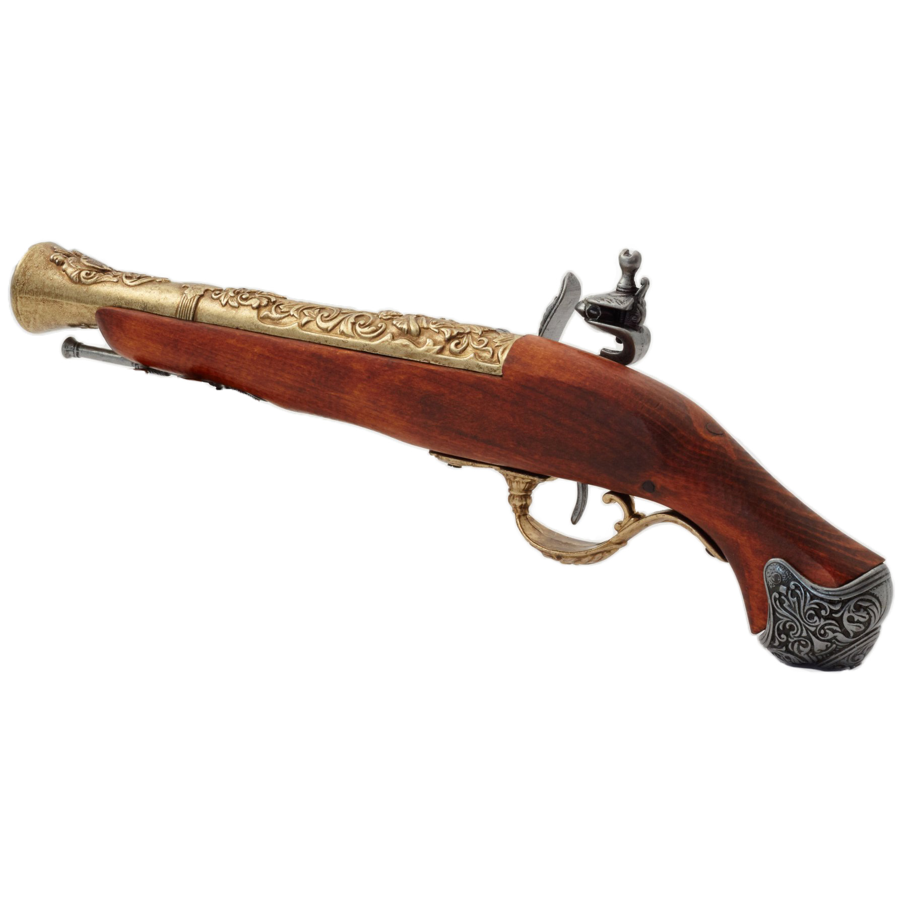Pistola de chispa de madera y metal con acabado latón, Inglaterra siglo XVIII