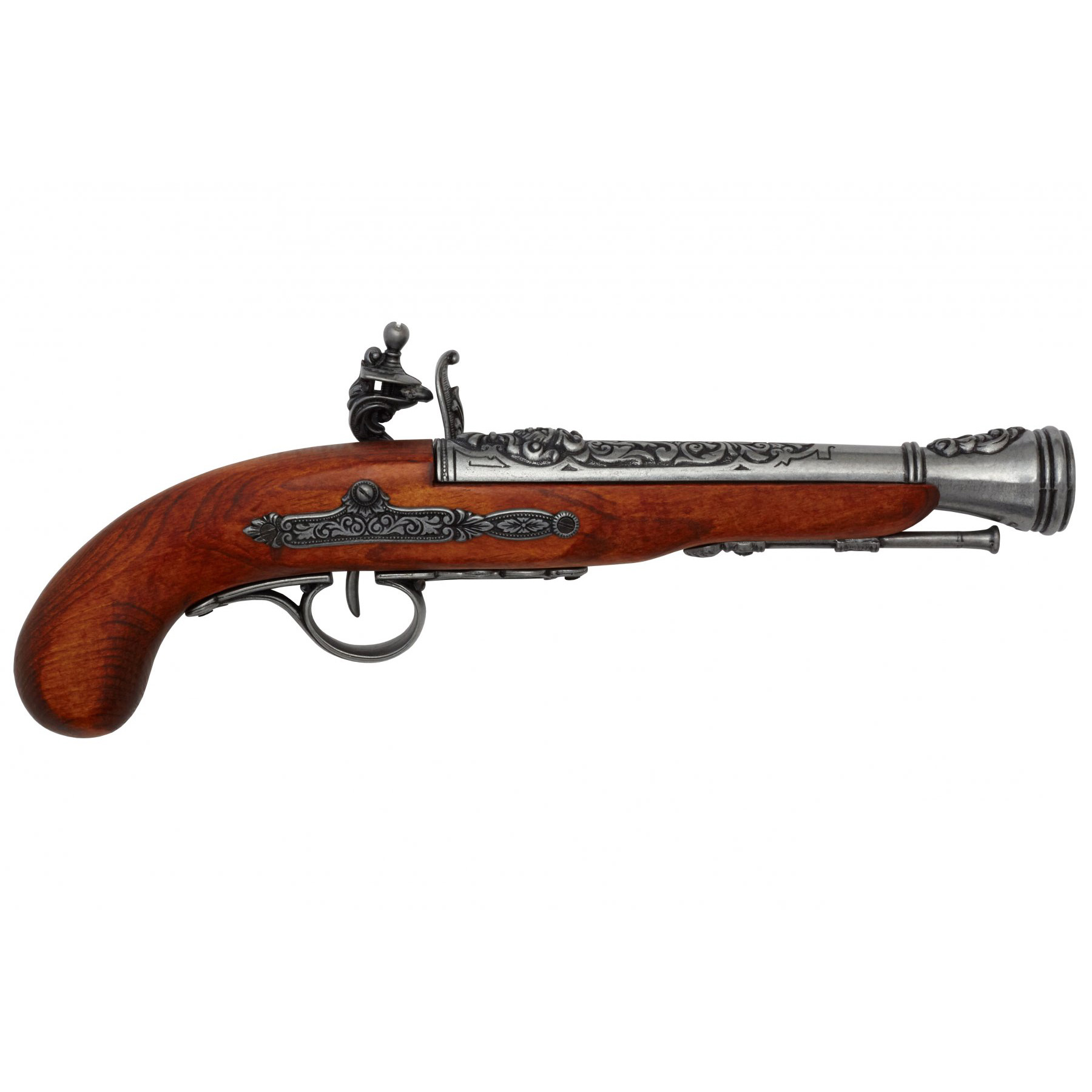 Pistola de chispa pirata zurda de madera y metal S. XVIII