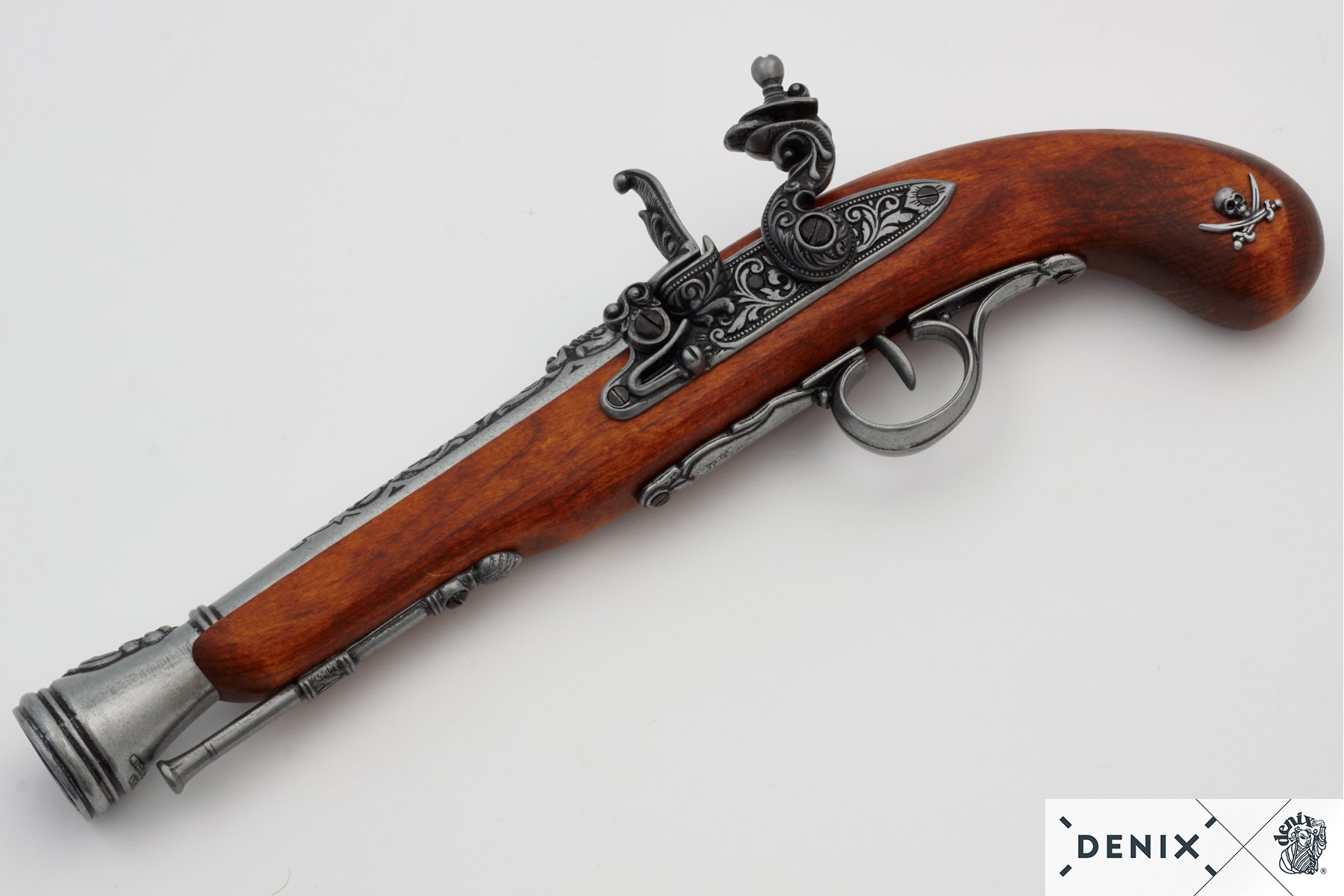 Pistola de chispa pirata zurda de madera y metal S. XVIII
