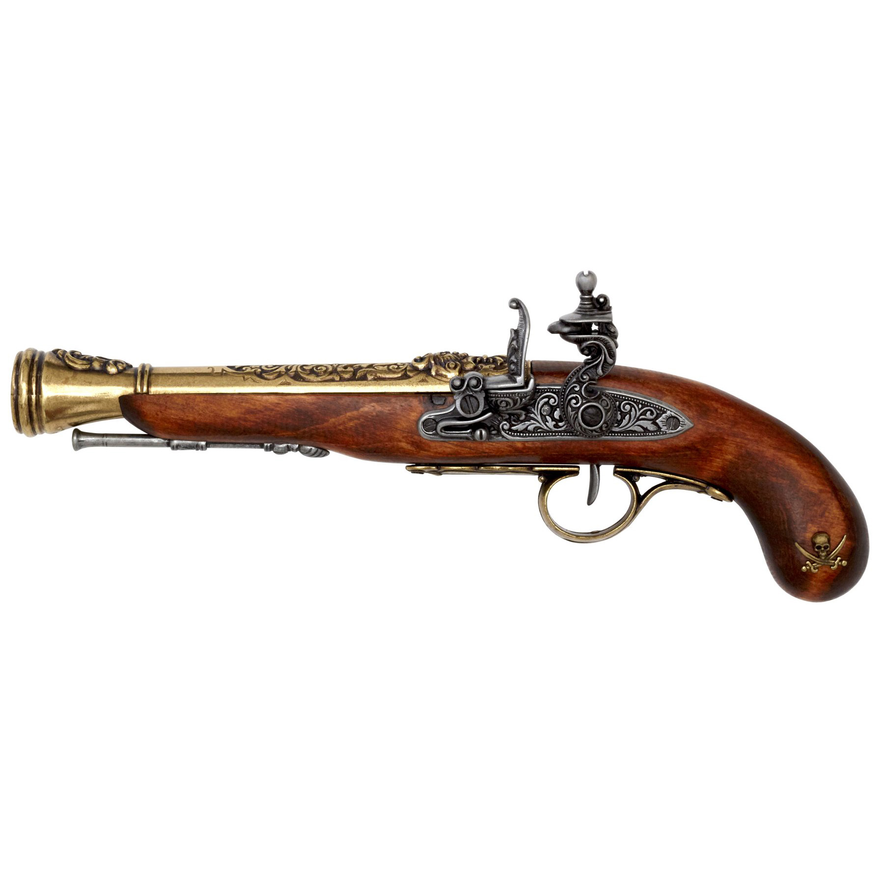 Pistola de chispa pirata zurda de madera y metal acabado latón S.XVIII
