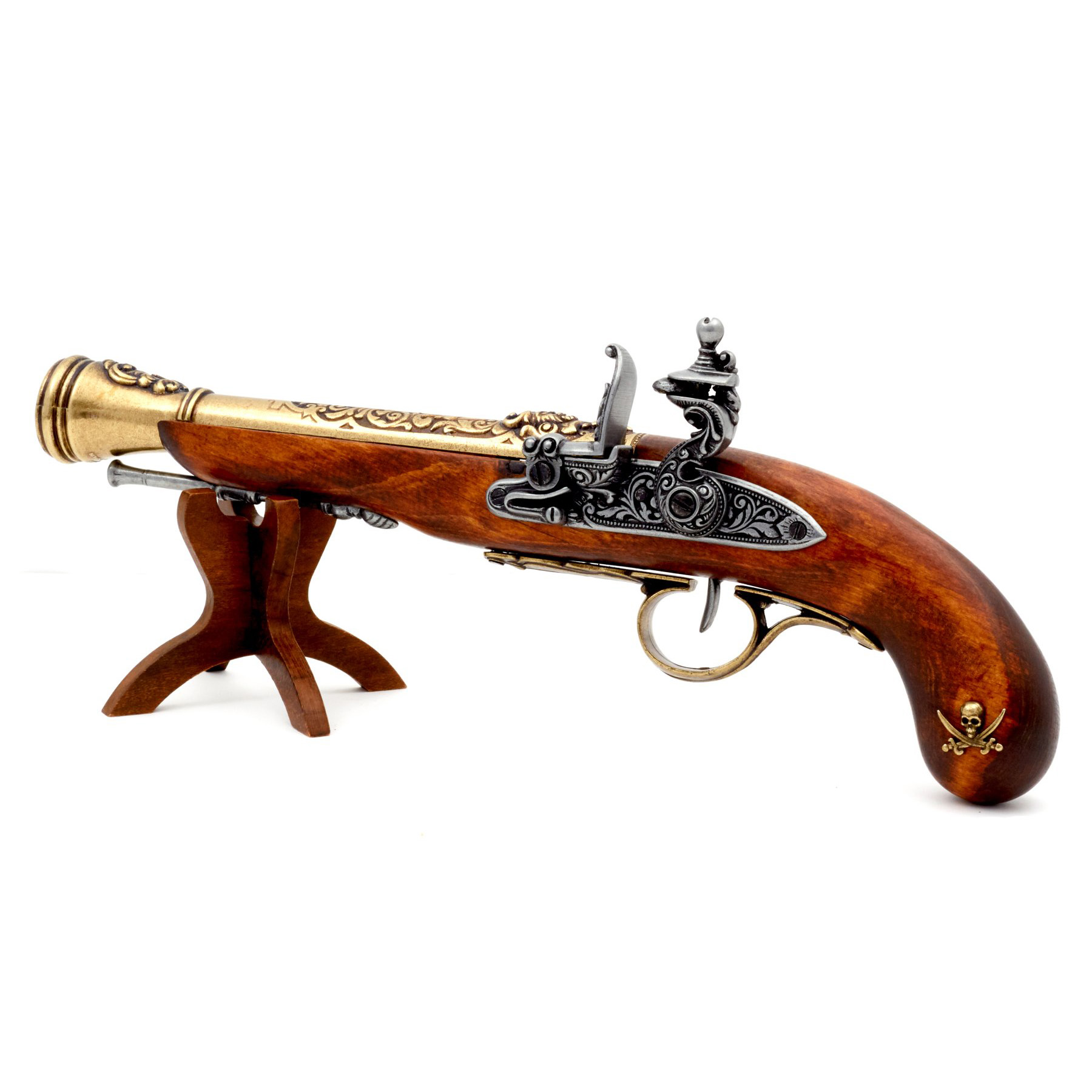 Pistola de chispa pirata zurda de madera y metal acabado latón S.XVIII