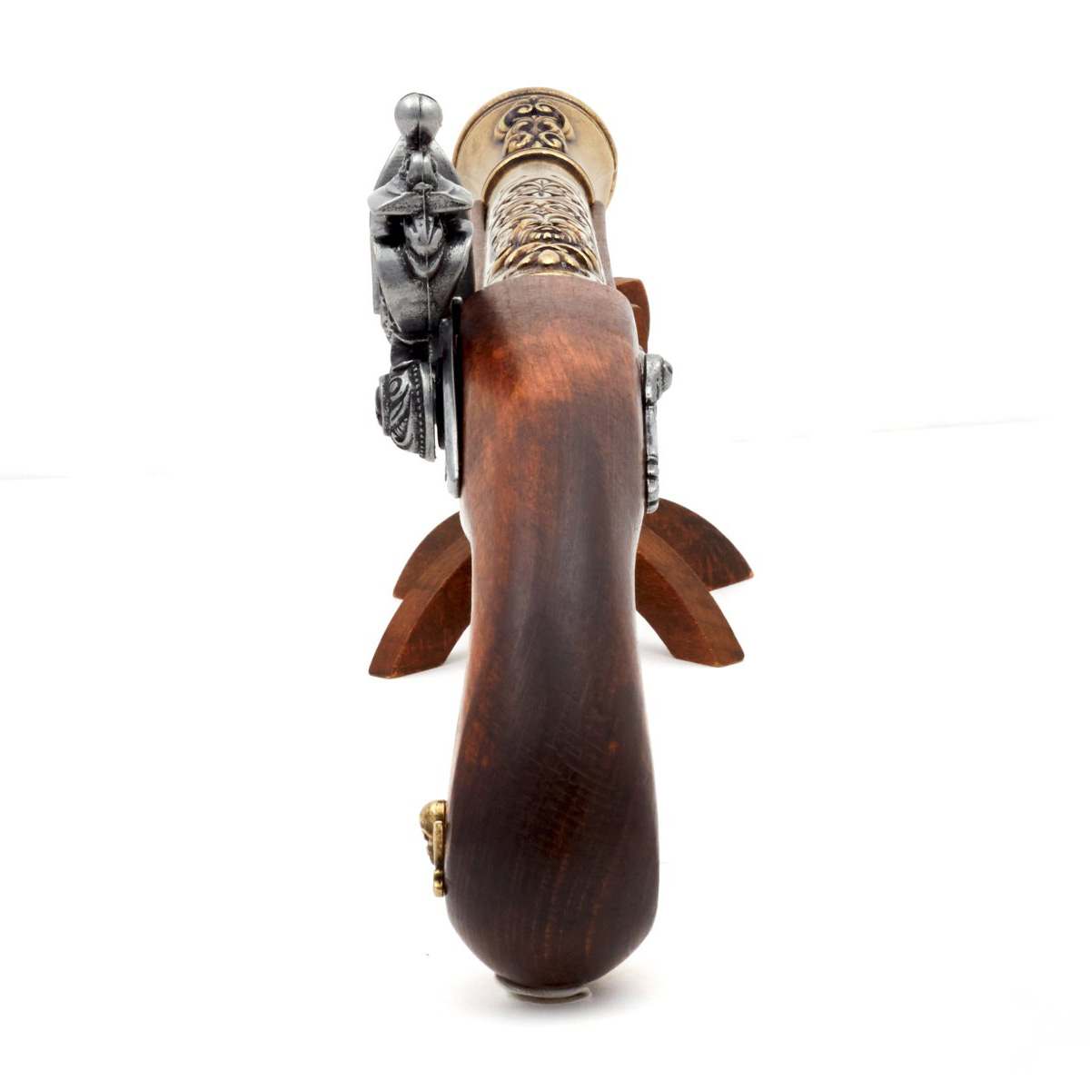 Pistola de chispa pirata zurda de madera y metal acabado latón S.XVIII