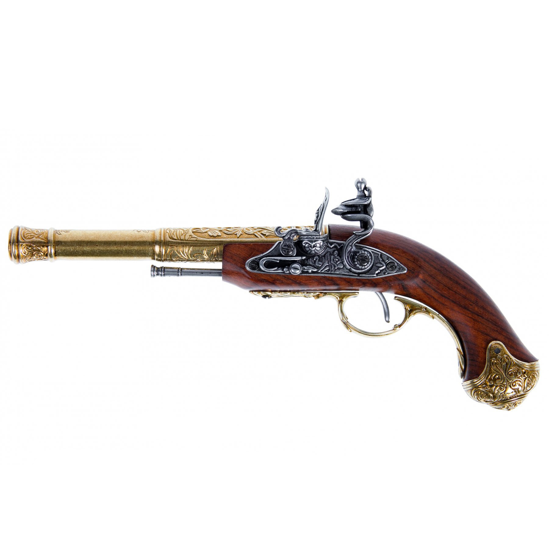 Pistola de chispa zurda de madera y metal acabado latón, India S....