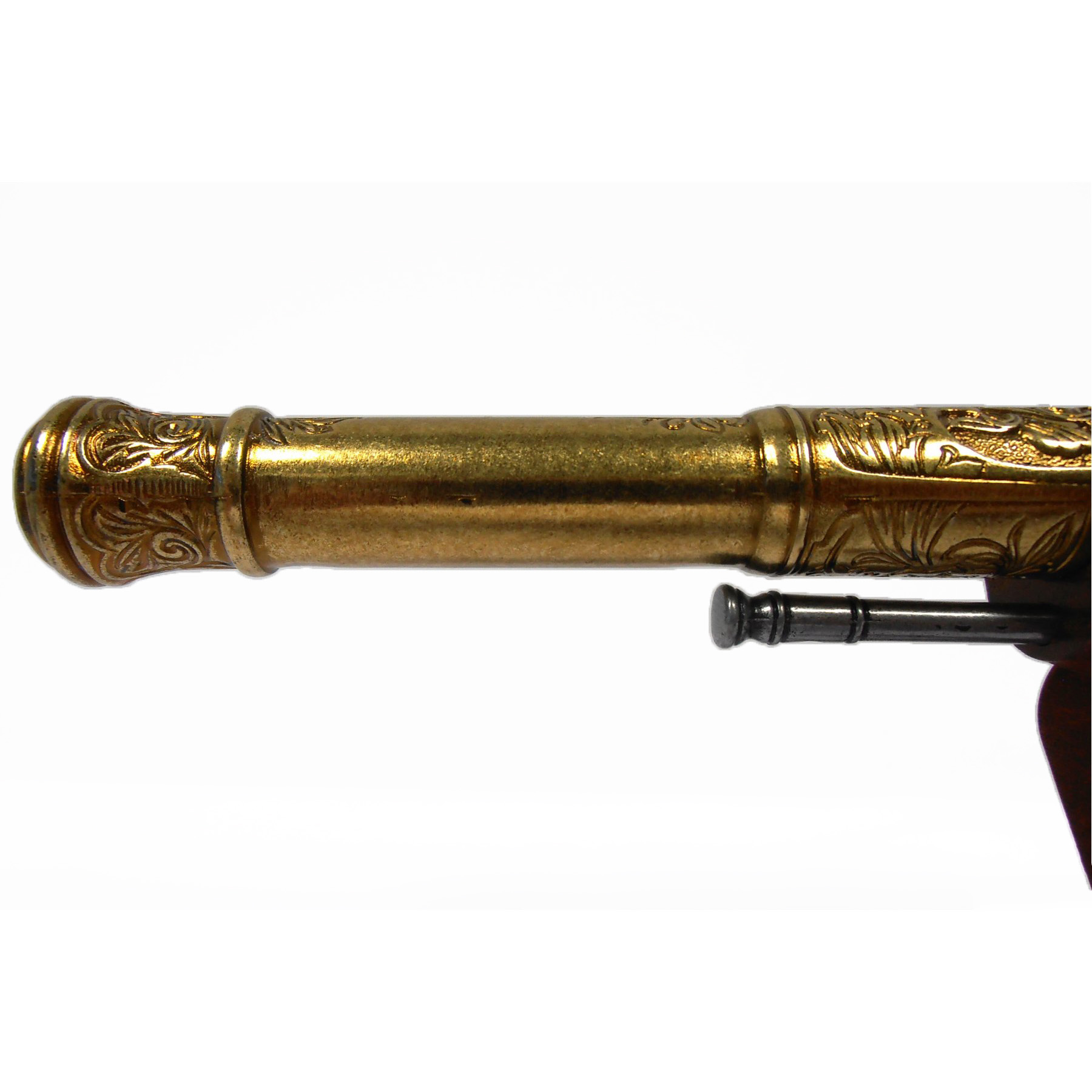 Pistola de chispa zurda de madera y metal acabado latón, India S. XVIII