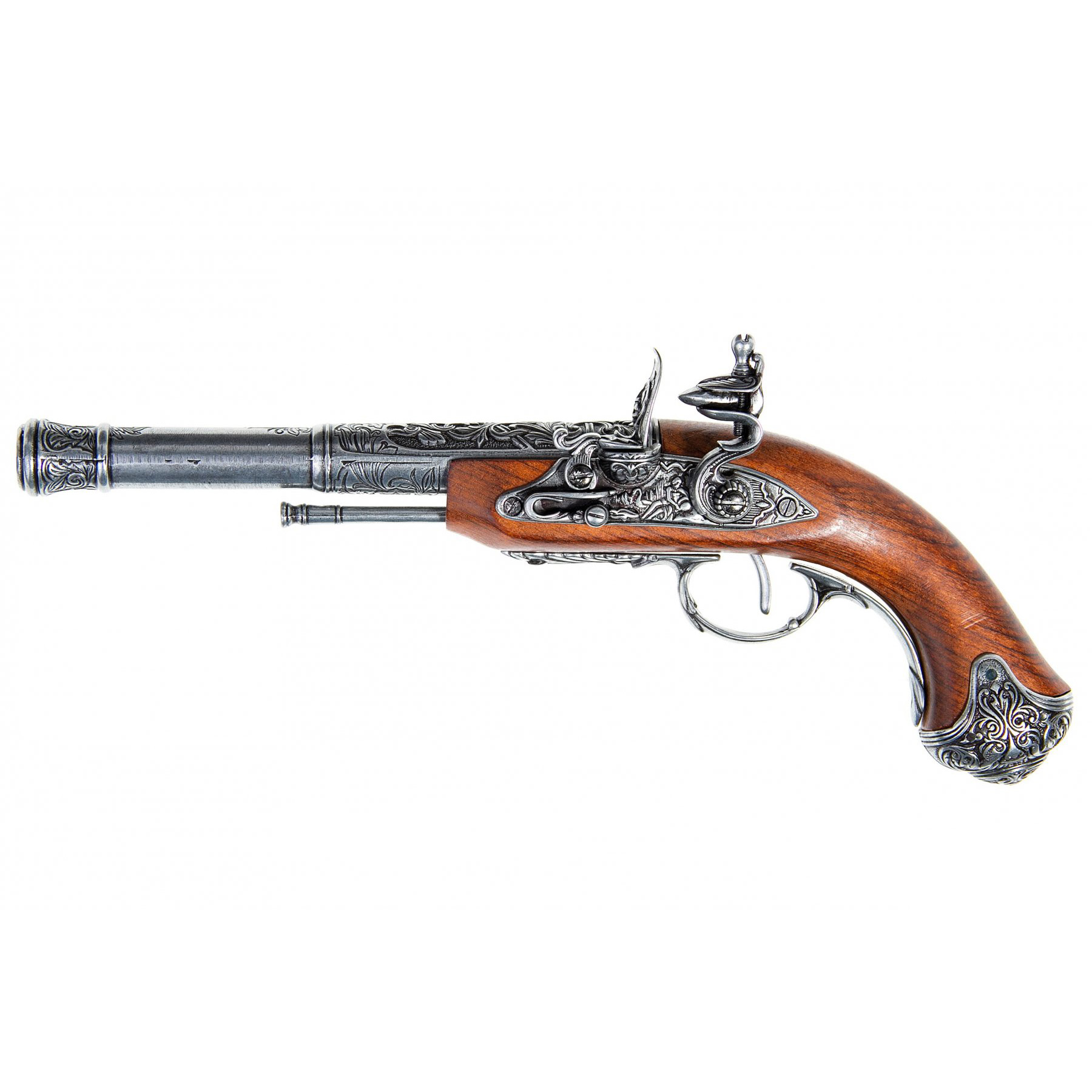 Pistola de chispa zurda de madera y metal, India S. XVIII
