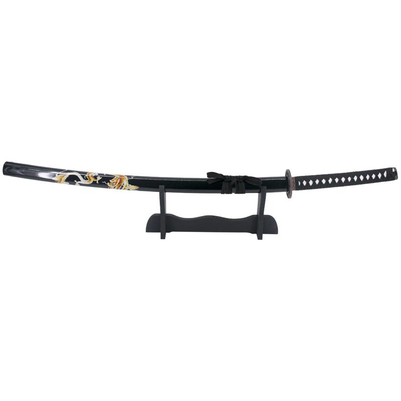 Katana decorativa con vaina negra con dragón y puño negro