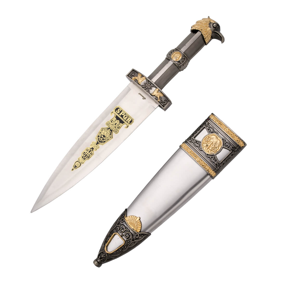 Daga Romana SPQR con empuñadura color níquel y pomo de águila color níquel y bronce