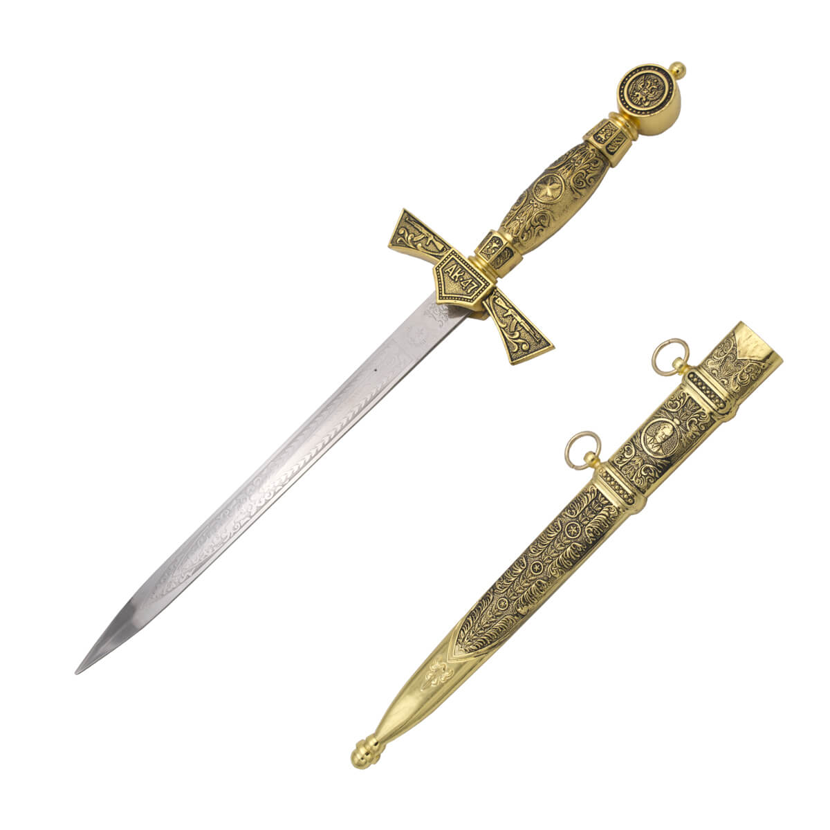 Daga AK-47 con pomo, guarda y empuñadura en color dorado y hoja con grabados de 24.5 cm