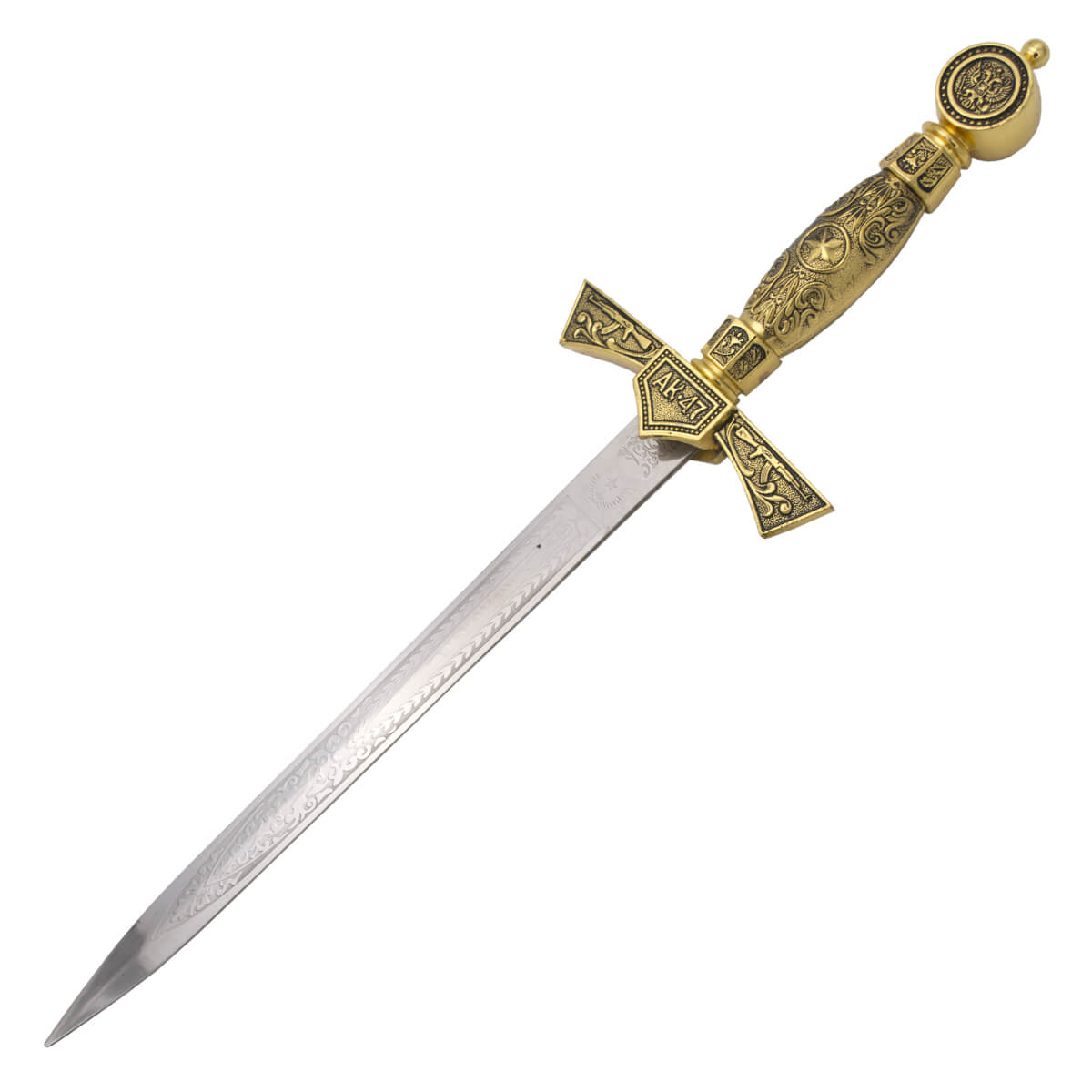 Daga AK-47 con pomo, guarda y empuñadura en color dorado y hoja con grabados de 24.5 cm