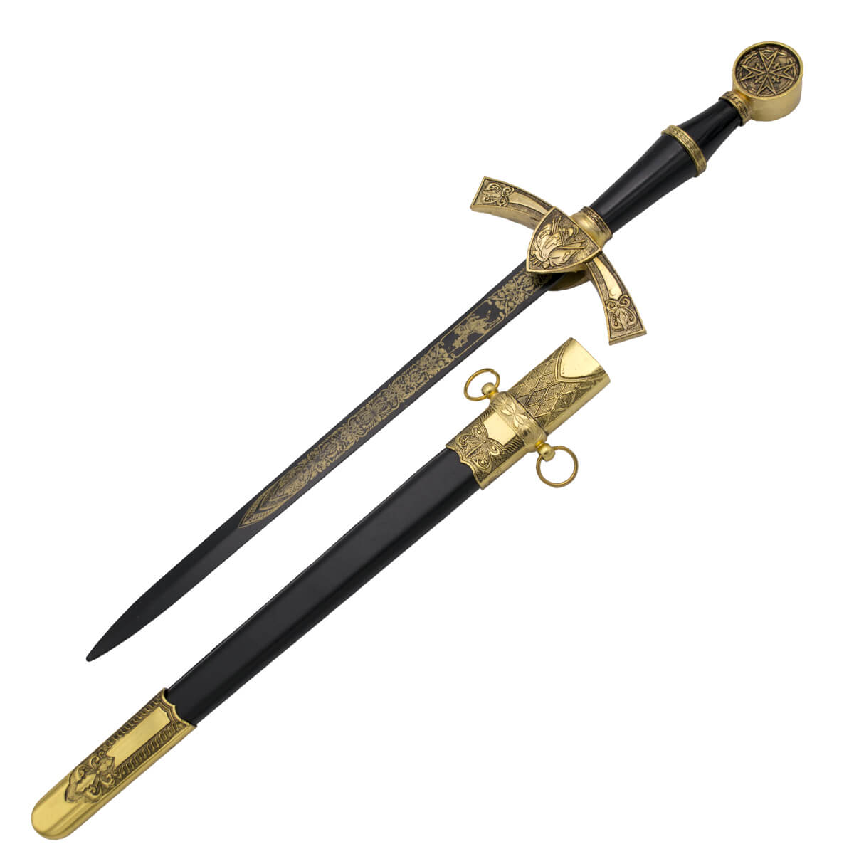 Daga medieval con pomo y guarda en color dorado y hoja negra con grabados de 29.5 cm