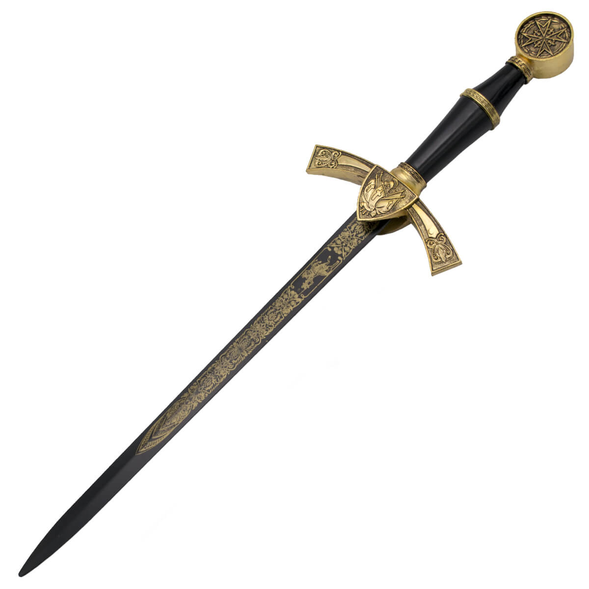 Daga medieval con pomo y guarda en color dorado y hoja negra con grabados de 29.5 cm