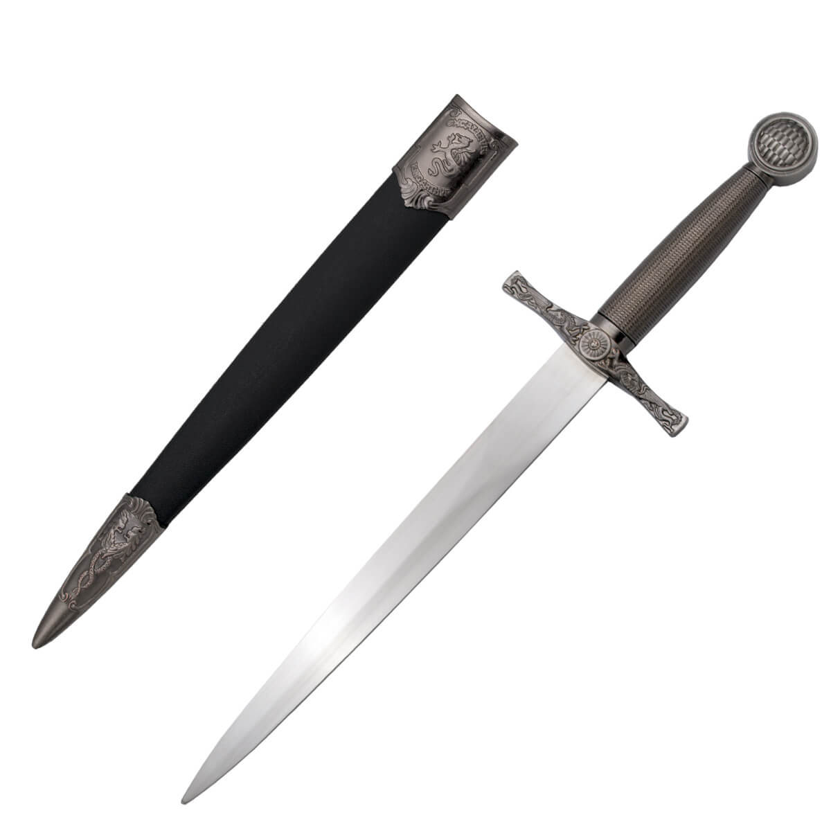 Daga Excalibur con pomo, guarda níquel y empuñadura de color níquel y vaina negra