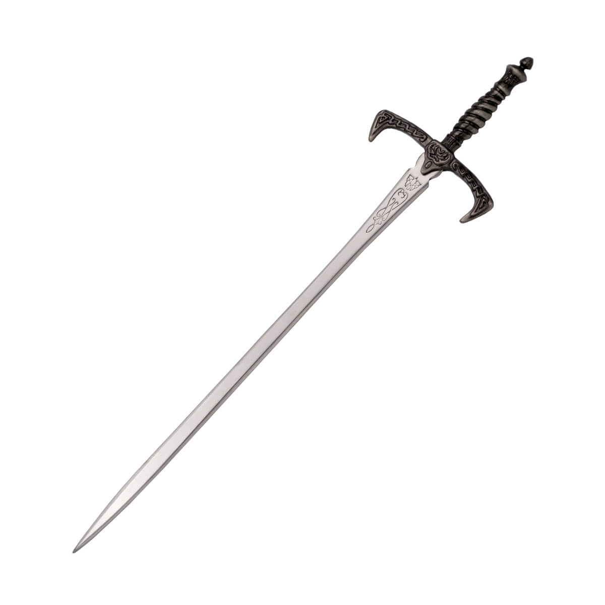 Abrecartas espada fantástica con pomo y guarda de color níquel y hoja de acero de 16 cm