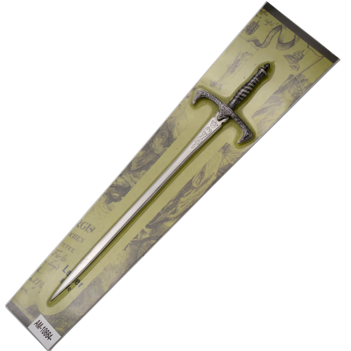 Abrecartas espada fantástica con pomo y guarda de color níquel y hoja de acero de 16 cm