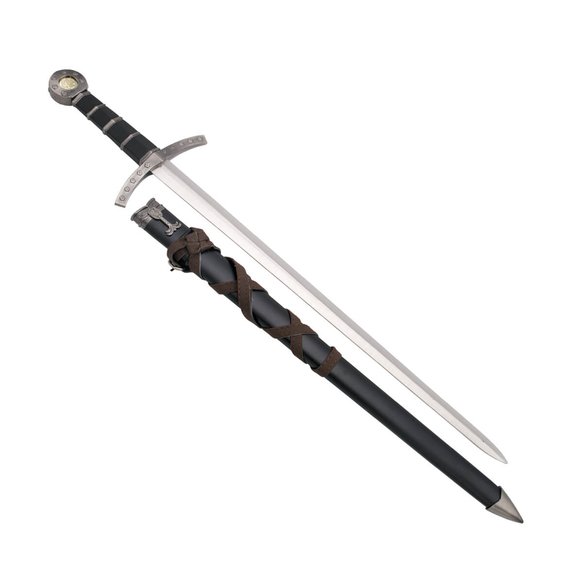 Espada medieval para cadete con pomo y guarda color níquel y empuñadura color negro
