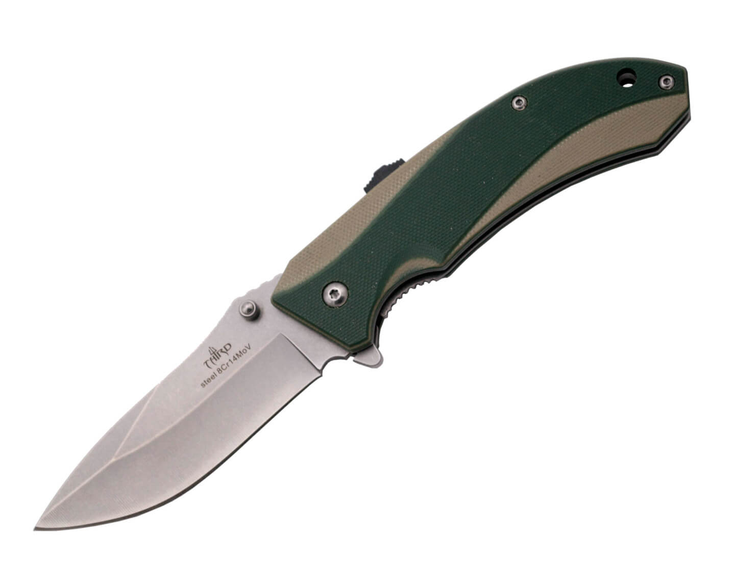 Navaja con apertura asistida y mango de G10 bicolor camel y verde