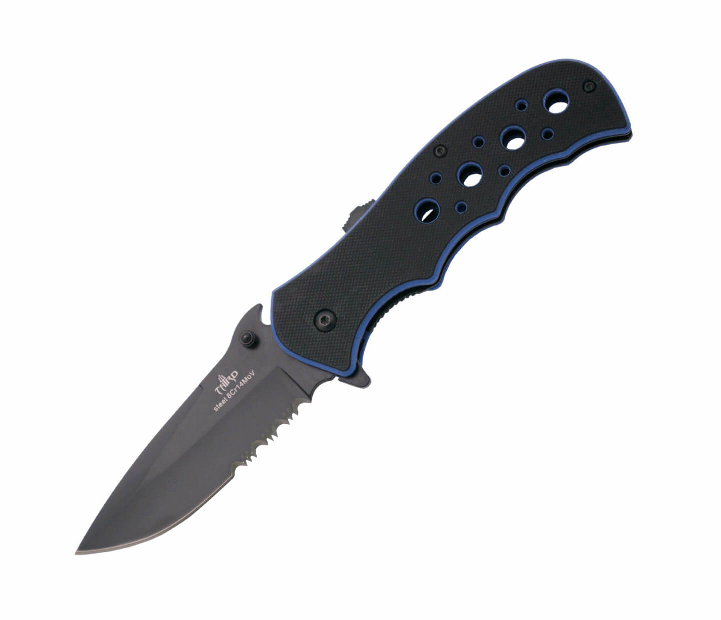 Navaja con apertura asistida y mango de G10 bicolor azul y negro con sierra