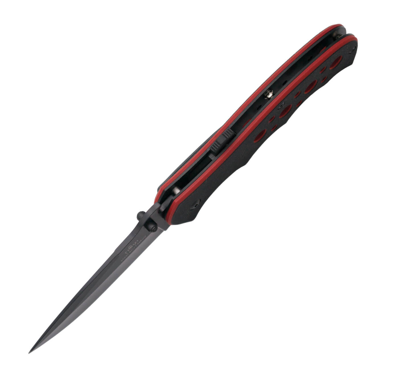 Navaja con apertura asistida y mango de G10 bicolor rojo y negro con sierra